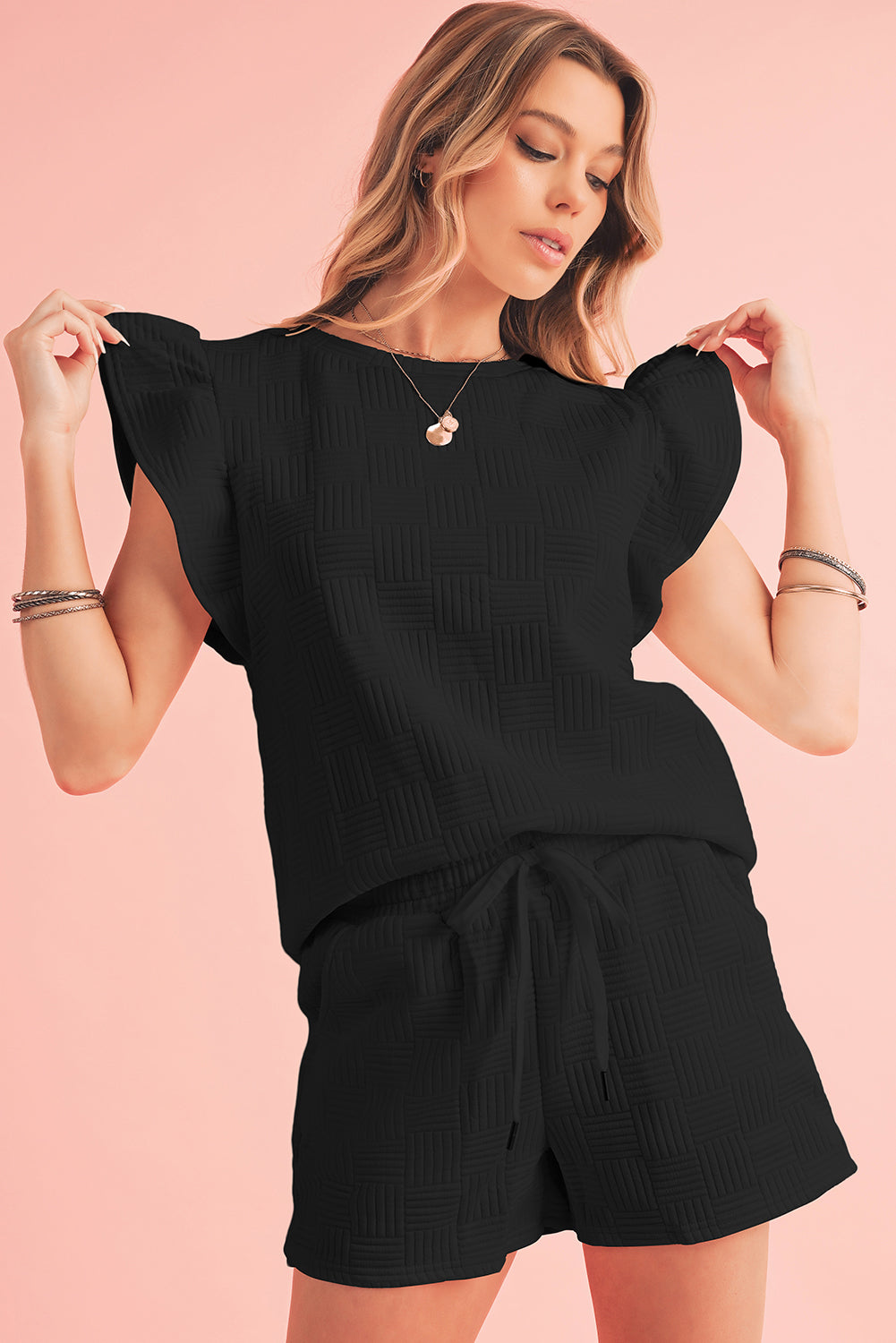 Black Textured Ruffle Sleeve Tee and Drawstring Shorts Set