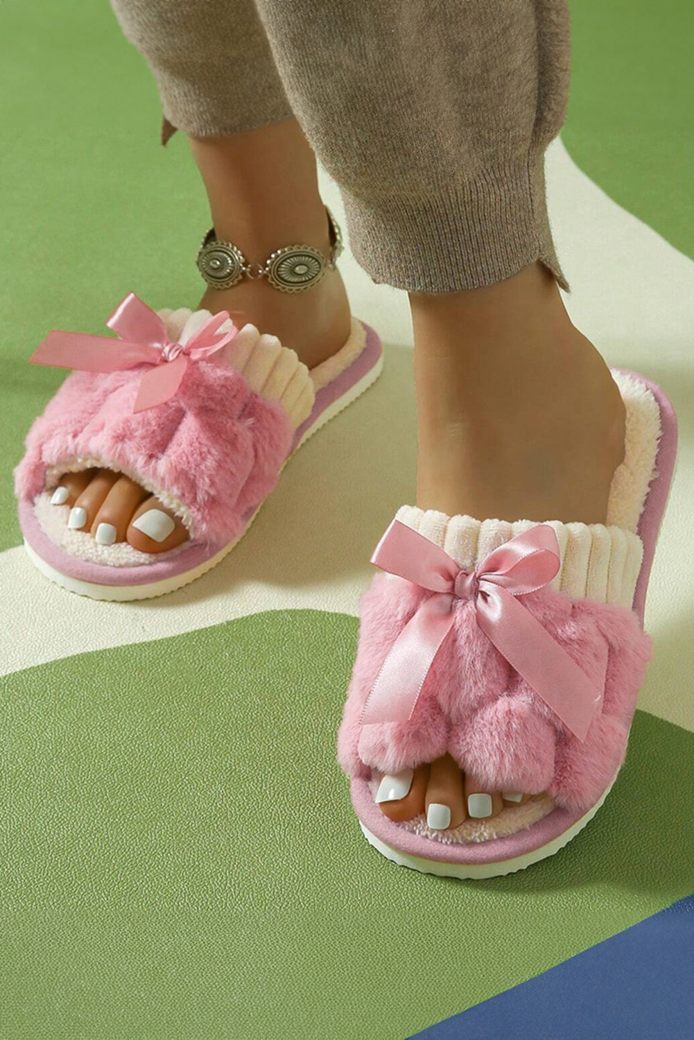 Peach Blossom Sweet Bow Fuzzy Open-Toe Slippers