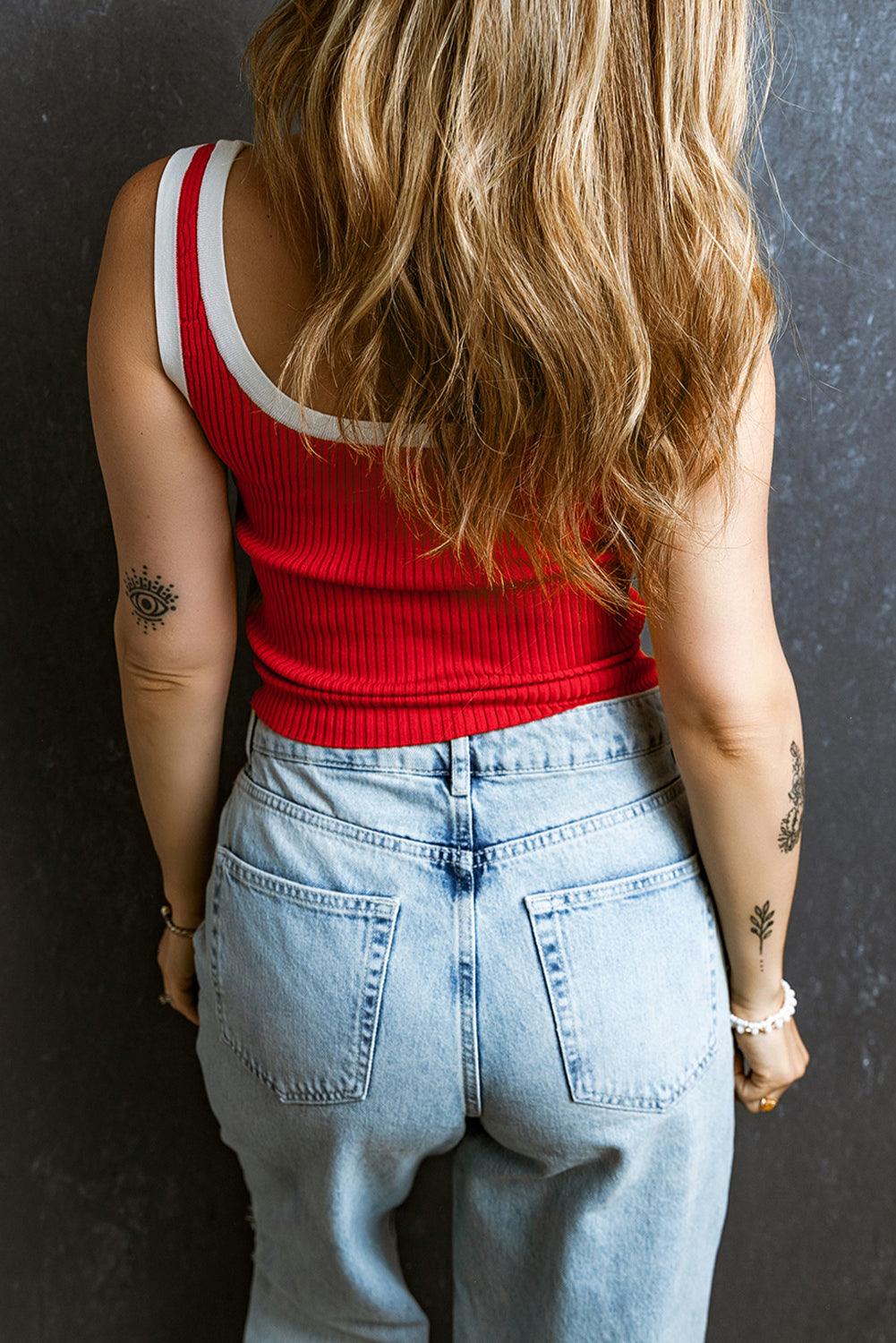 Fiery Red Contrast Trim U Neck Ribbed Knit Tank Top