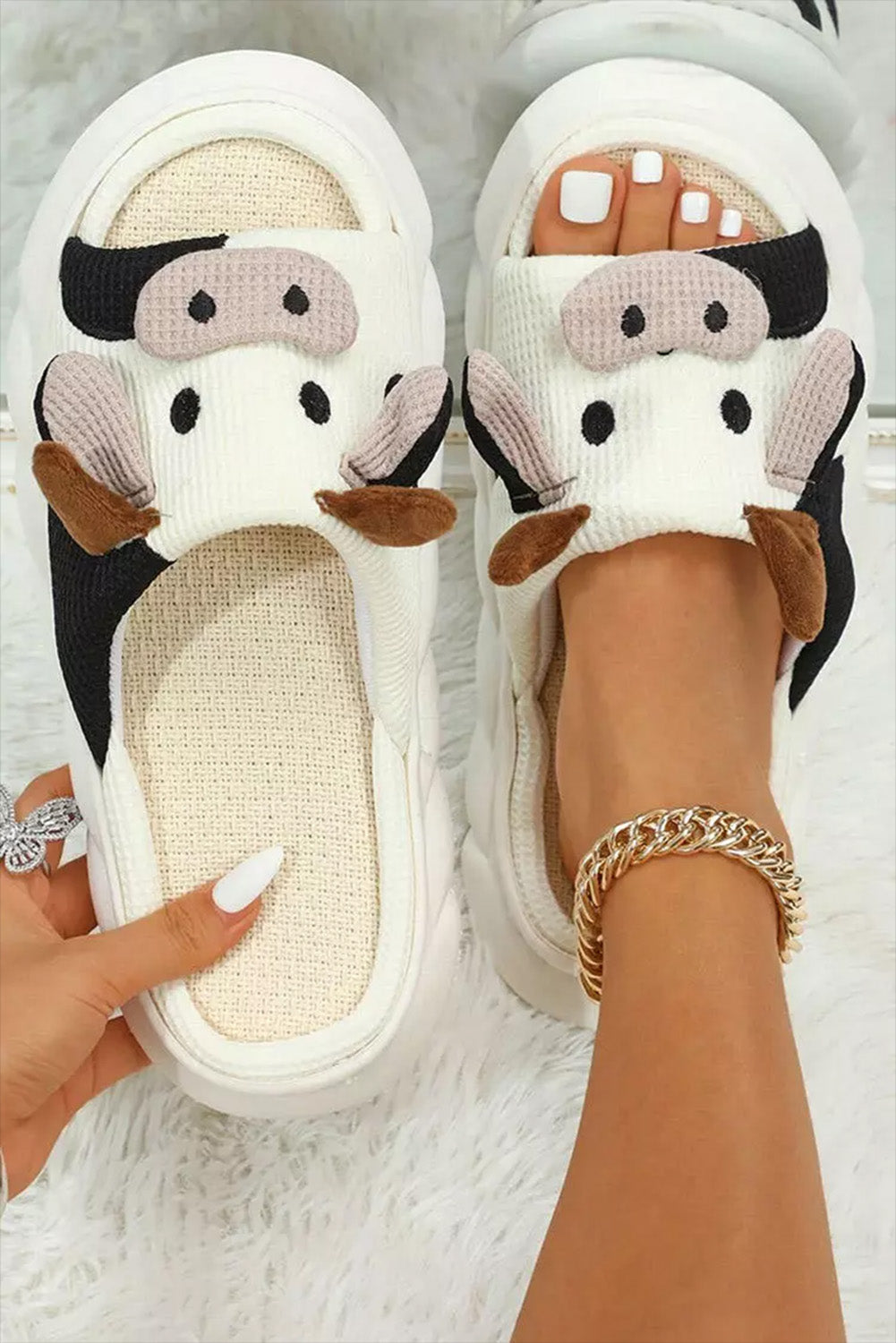 Bright White Cute Animal Pattern Open Toe Slippers