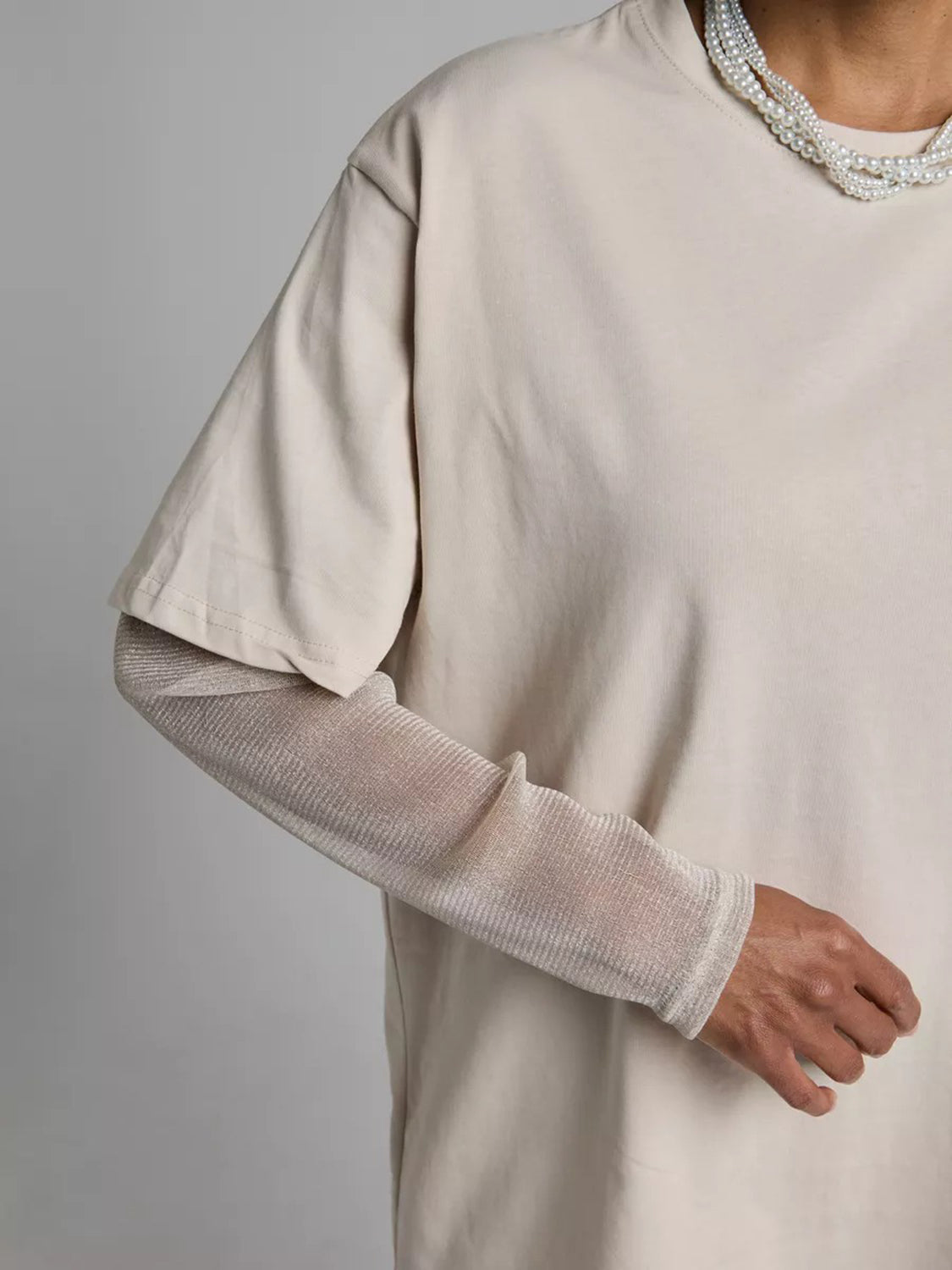 Faux Layered Round Neck Mesh Sleeve Top