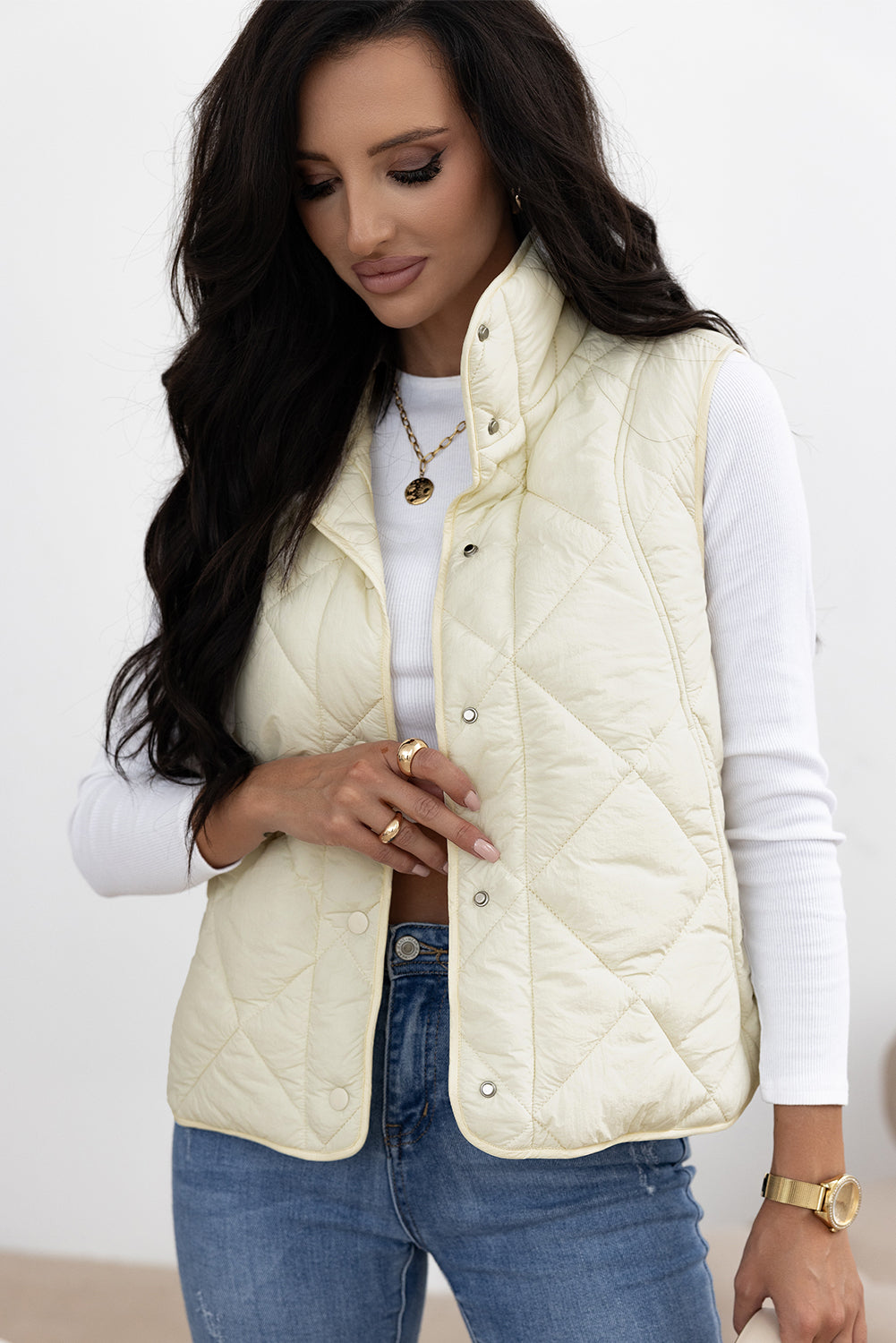 Snap Down Texture Vest Coat with Pockets