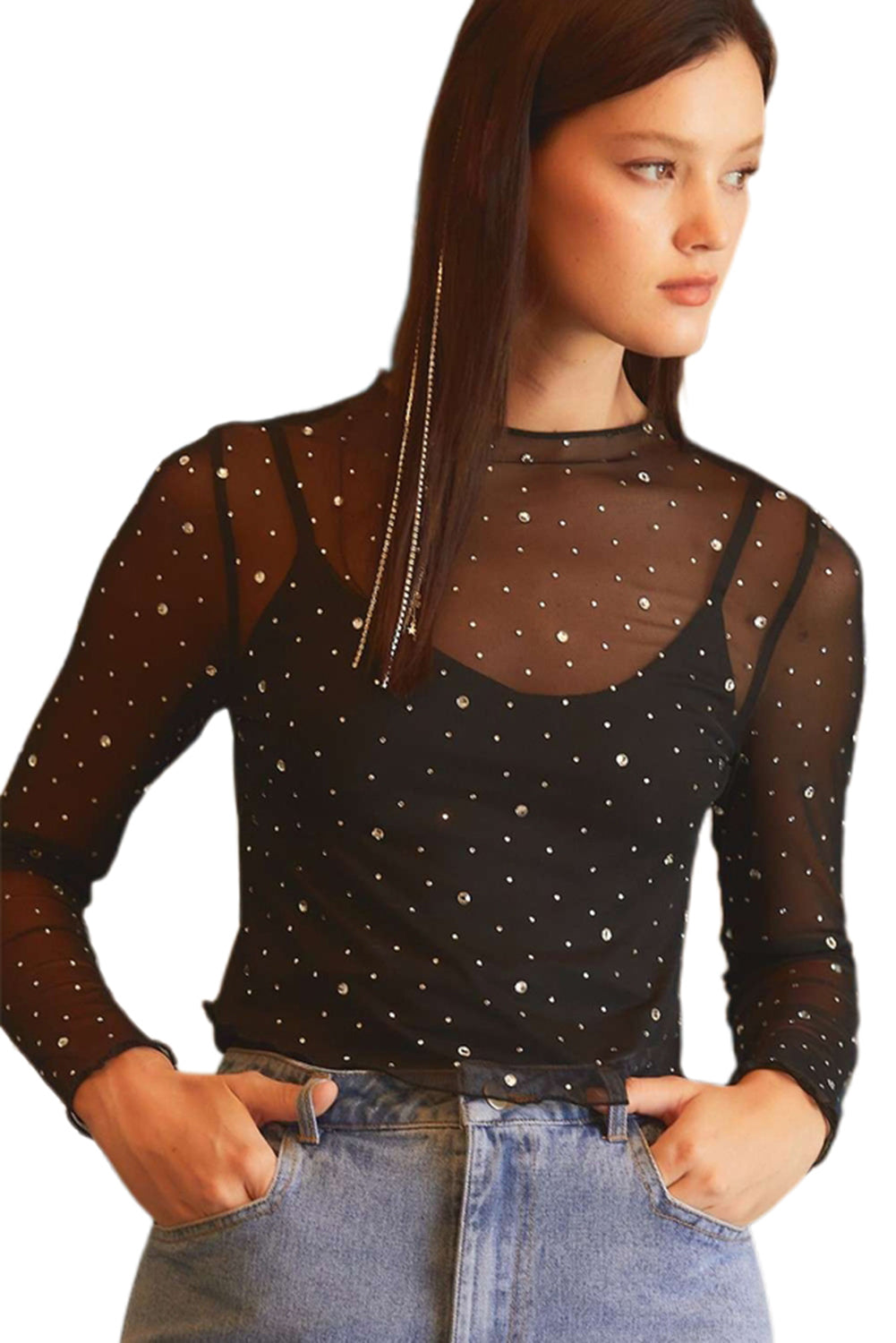 Black Rhinestone Mesh Mock Neck Top