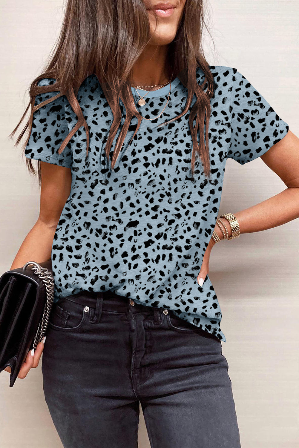 Red Cheetah Print Casual Short Sleeve Crew Neck T Shirt