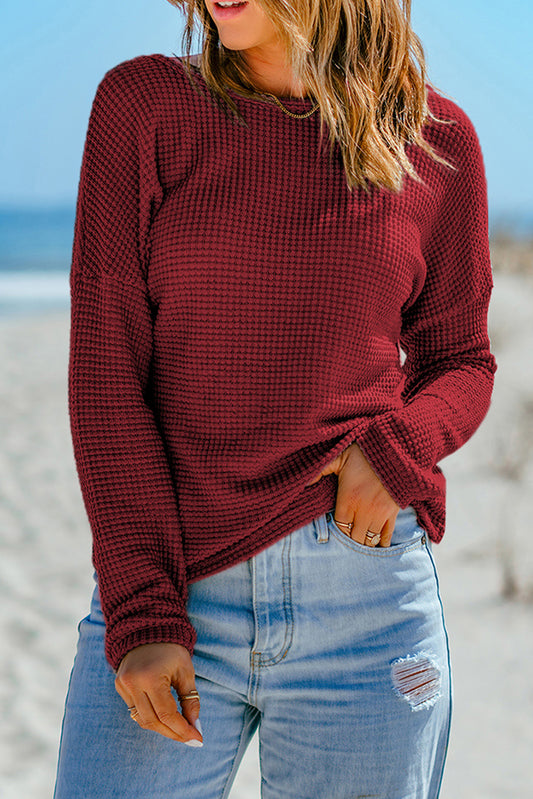 Navy Blue Waffle Knit Drop Shoulder Long Sleeve Top