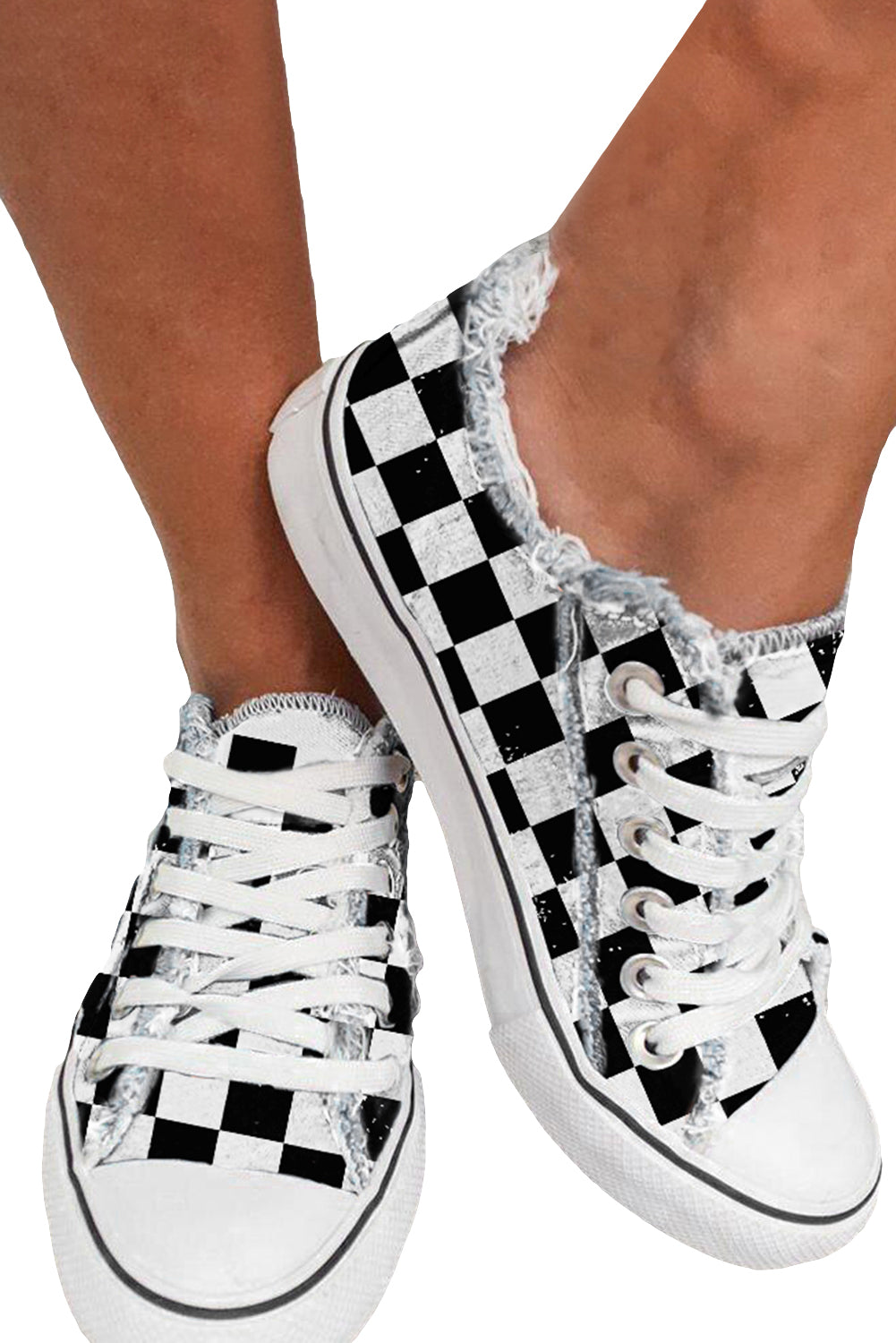 Black Checkered Print Raw Edge Lace-up Canvas Sneakers