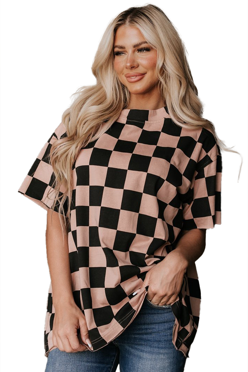 Light Beige Two Tone Checkered Crew Neck Loose T Shirt