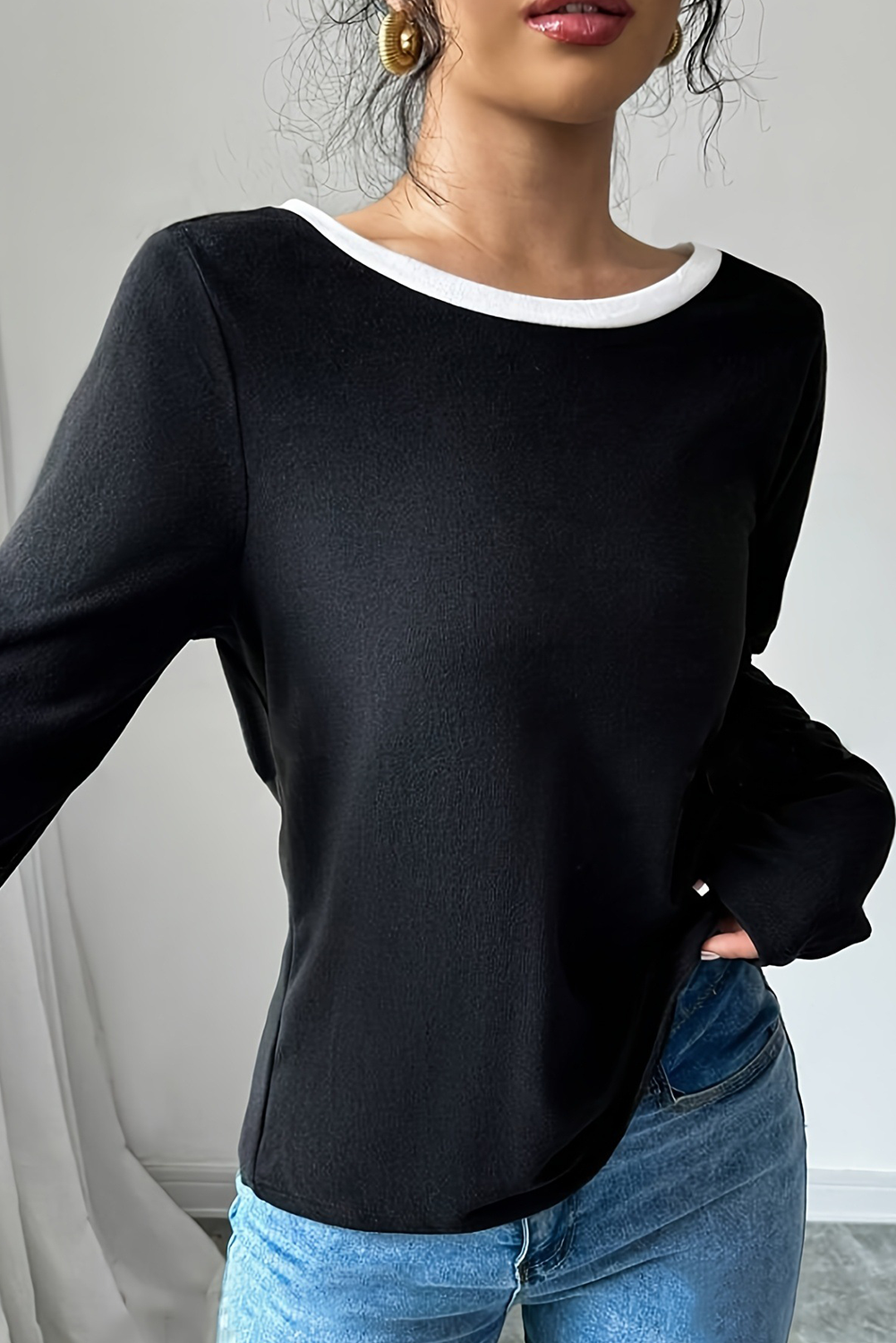 Black Knitted Bow Tie Back Round Neck Long Sleeve Top