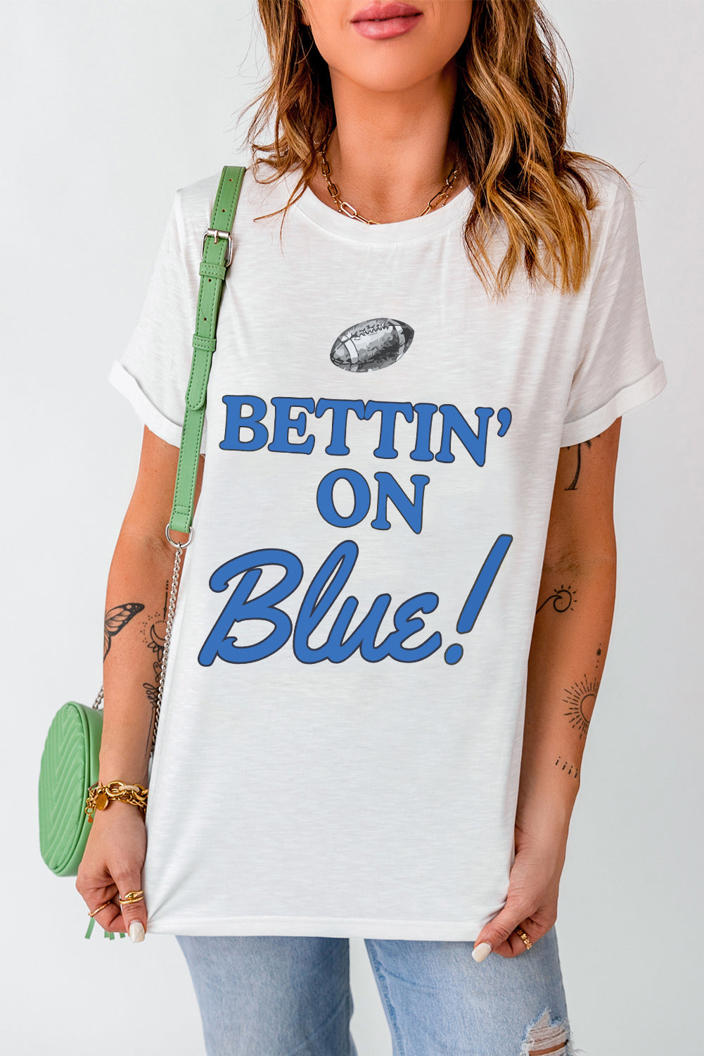 White Rugby Football BETTIN ON Blue Crewneck Graphic T Shirt