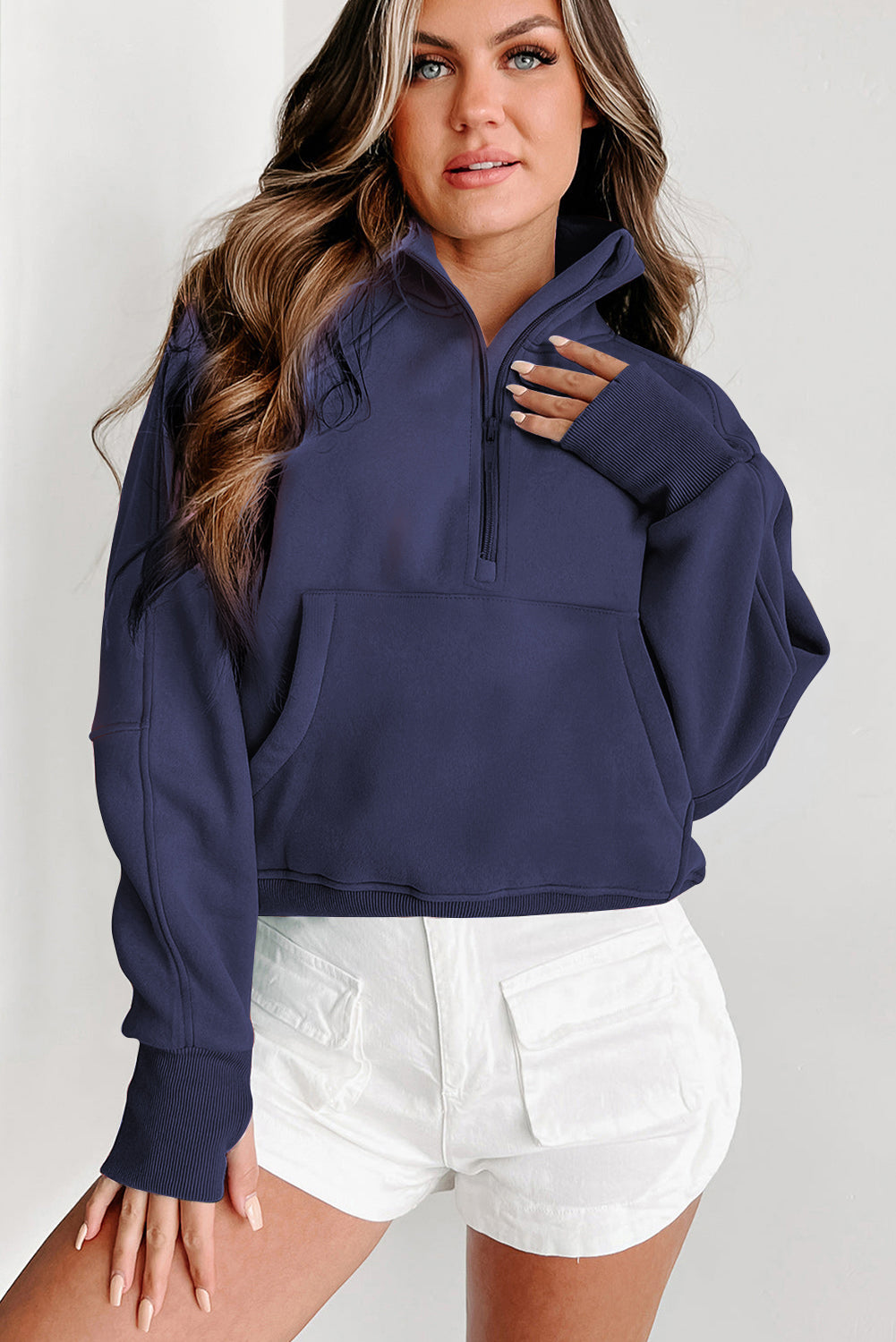 Navy Blue Zip Up Stand Collar Ribbed Thumbhole Sleeve Sweatshirt