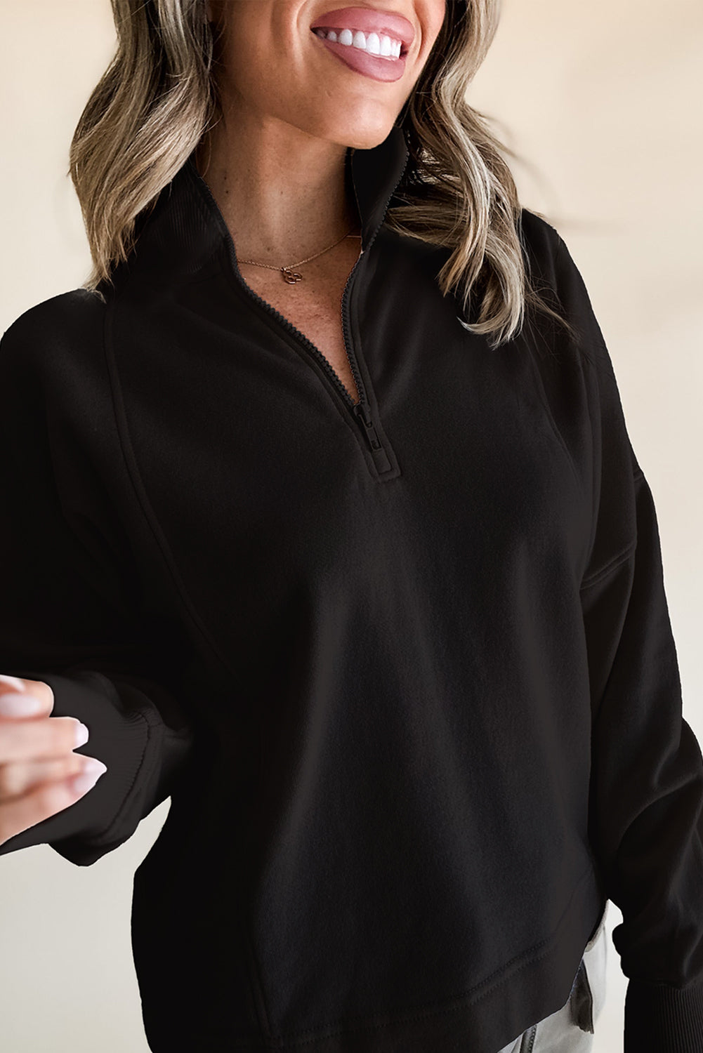 White Zipper Collared Drop Shoulder Plain Sweatshirt