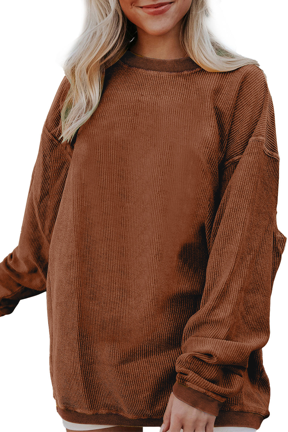 Apricot Drop Shoulder Crinkle Rib Oversized Sweatshirt