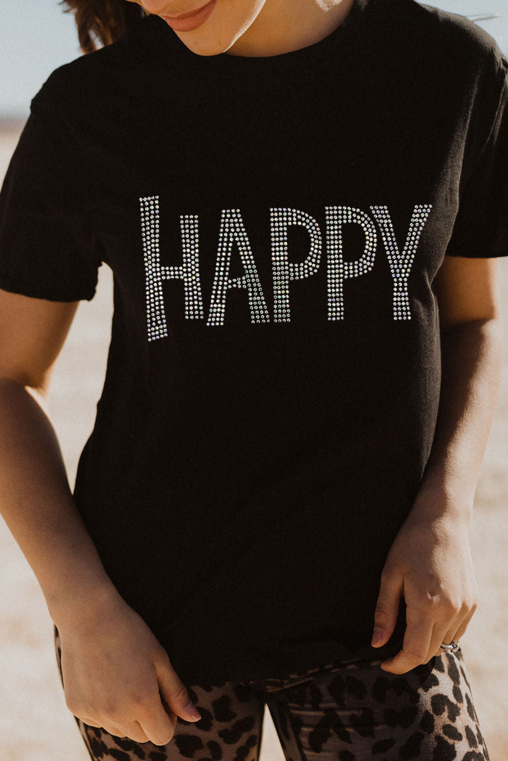 Black Rhinestone HAPPY Graphic Crewneck T Shirt