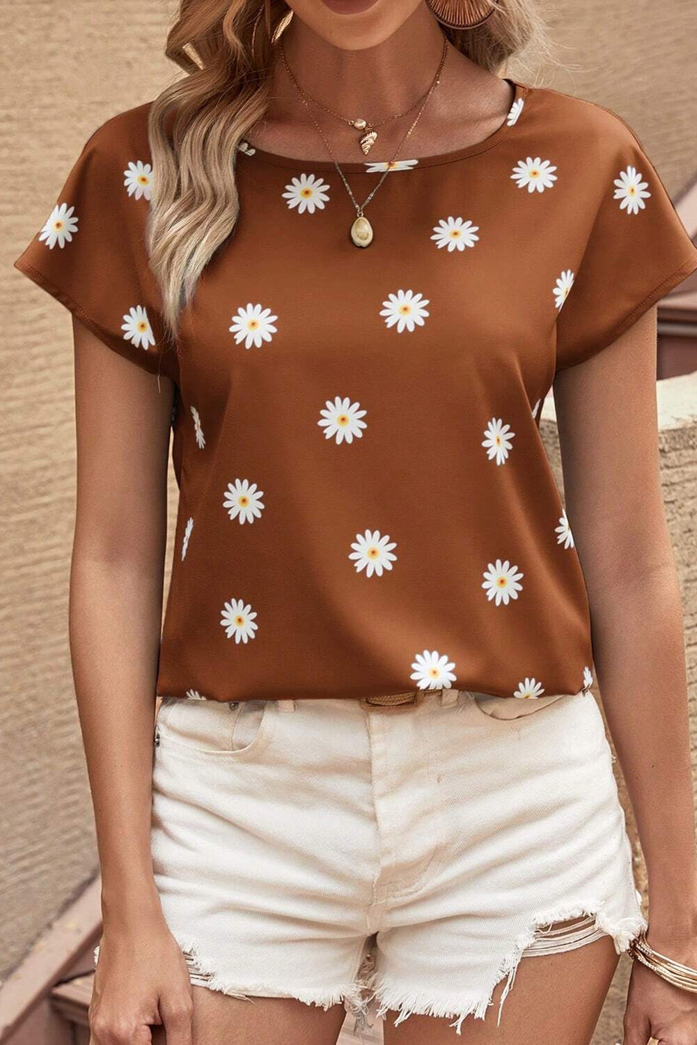 Chestnut Summer Daisy Print Batwing Sleeve Blouse