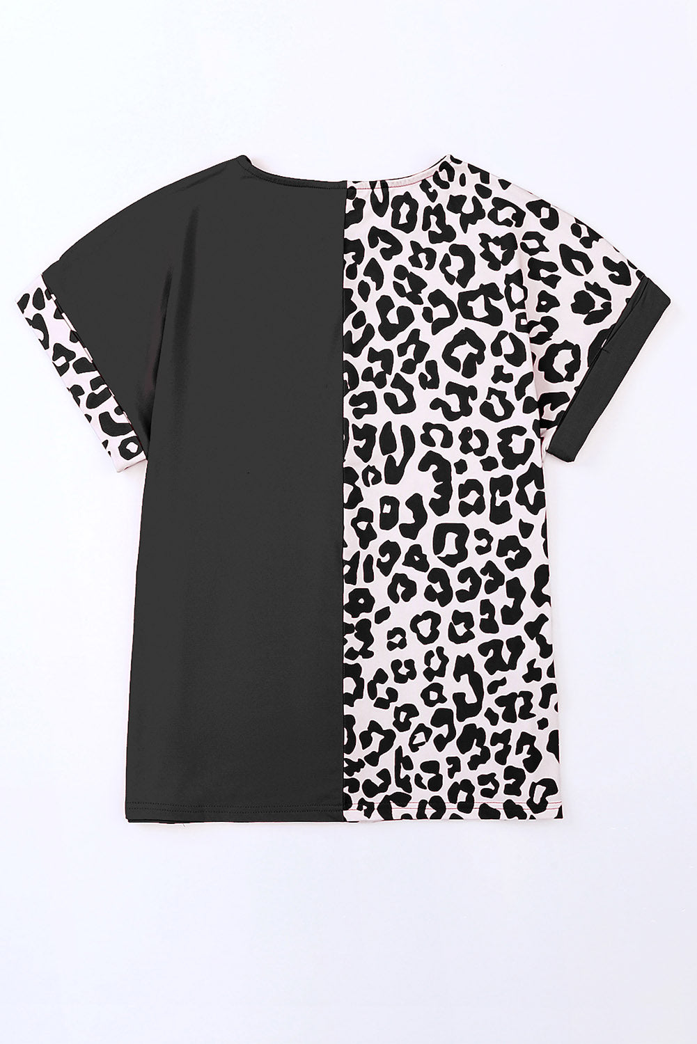 Rosy Leopard Print Top Color Block Rolled Up Sleeve Casual T Shirt