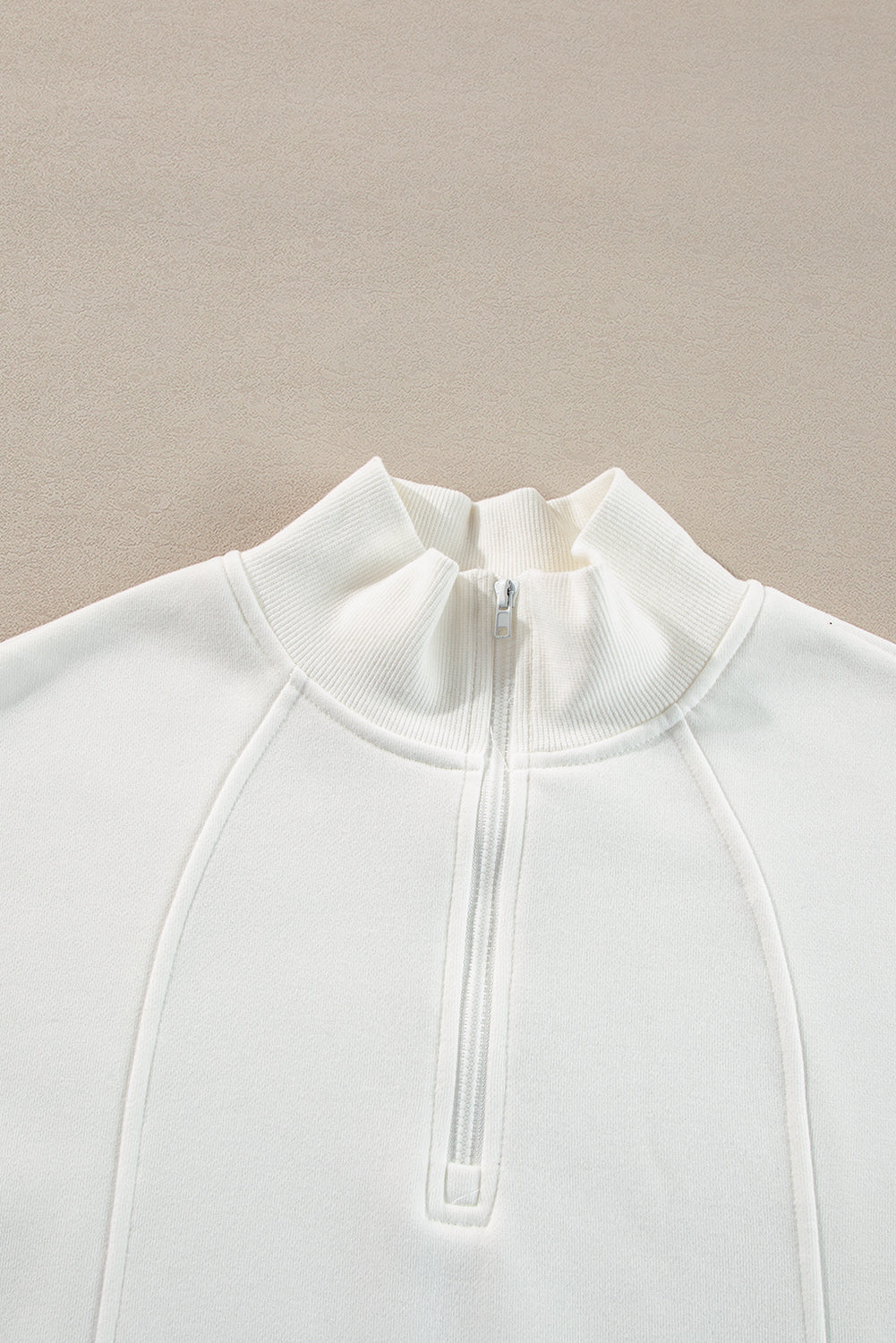 White Zipper Collared Drop Shoulder Plain Sweatshirt