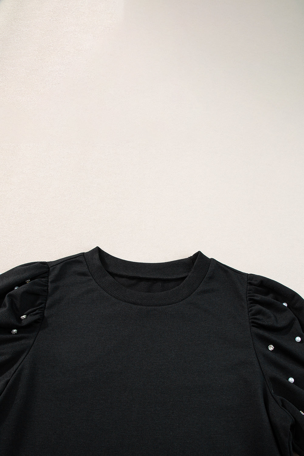 Black Rhinestone Pearl Puff Sleeve Plain T Shirt