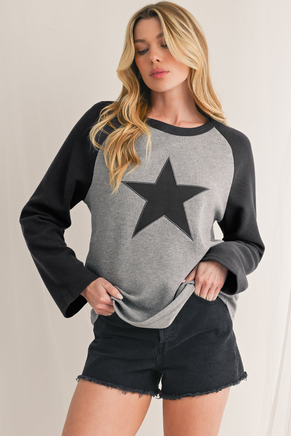 High-rise Waffle Knit Star Graphic Raglan Sleeve Top