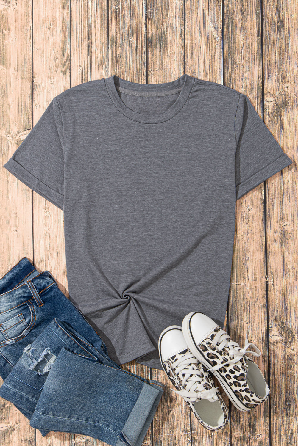 Gray Solid Color Basic Crew Neck Plain Tee