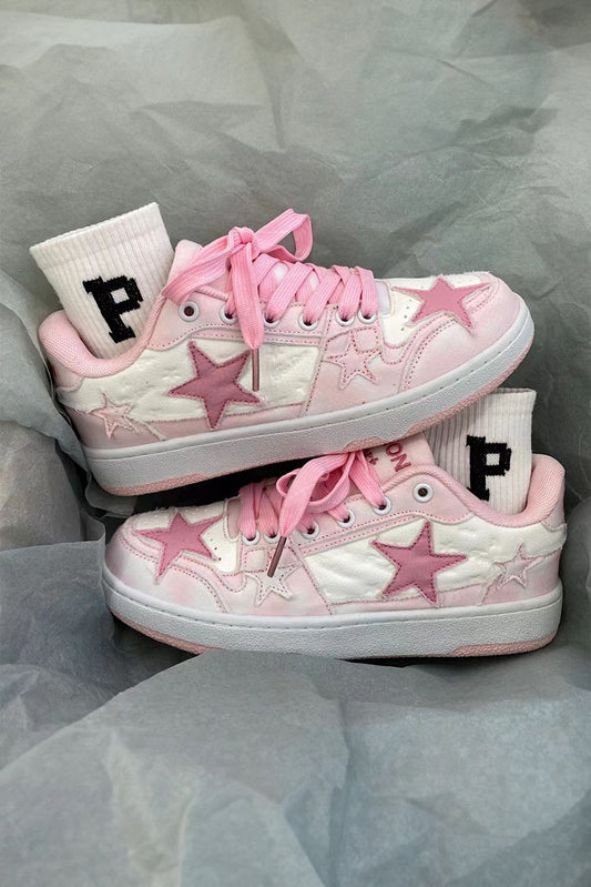 Pink Star Patch Color Block Lace-up Flat Sneakers