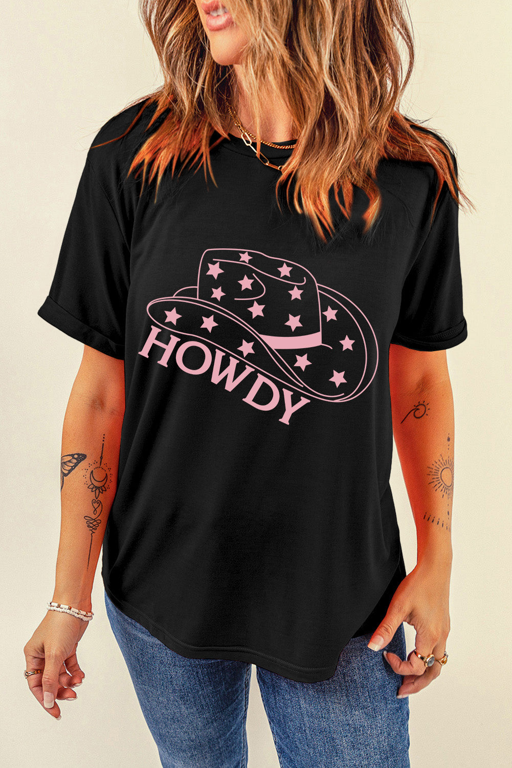 Black Hat Shape & Star HOWDY Graphic T Shirt