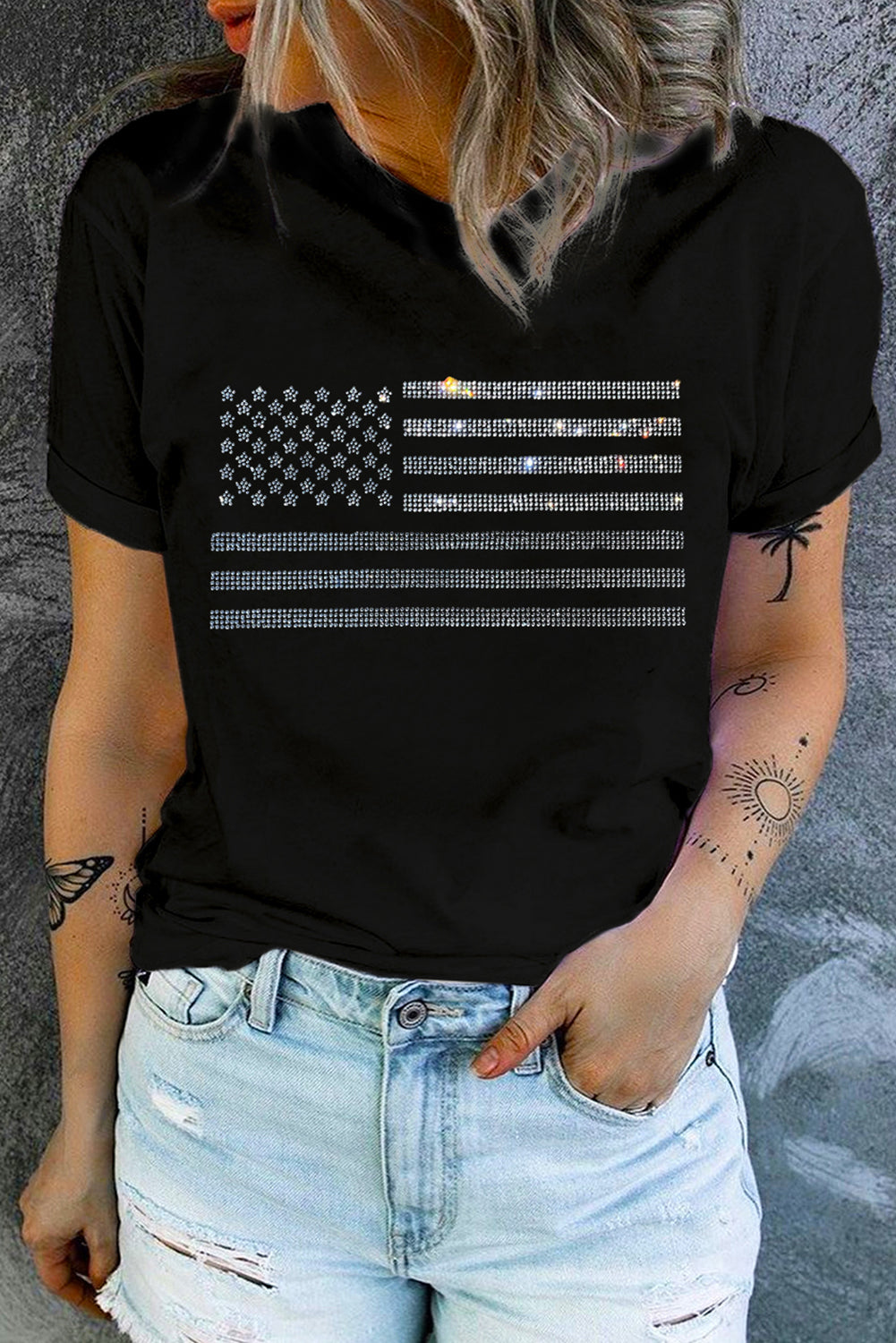 Black Rhinestone American Flag Graphic Crew Neck Tee