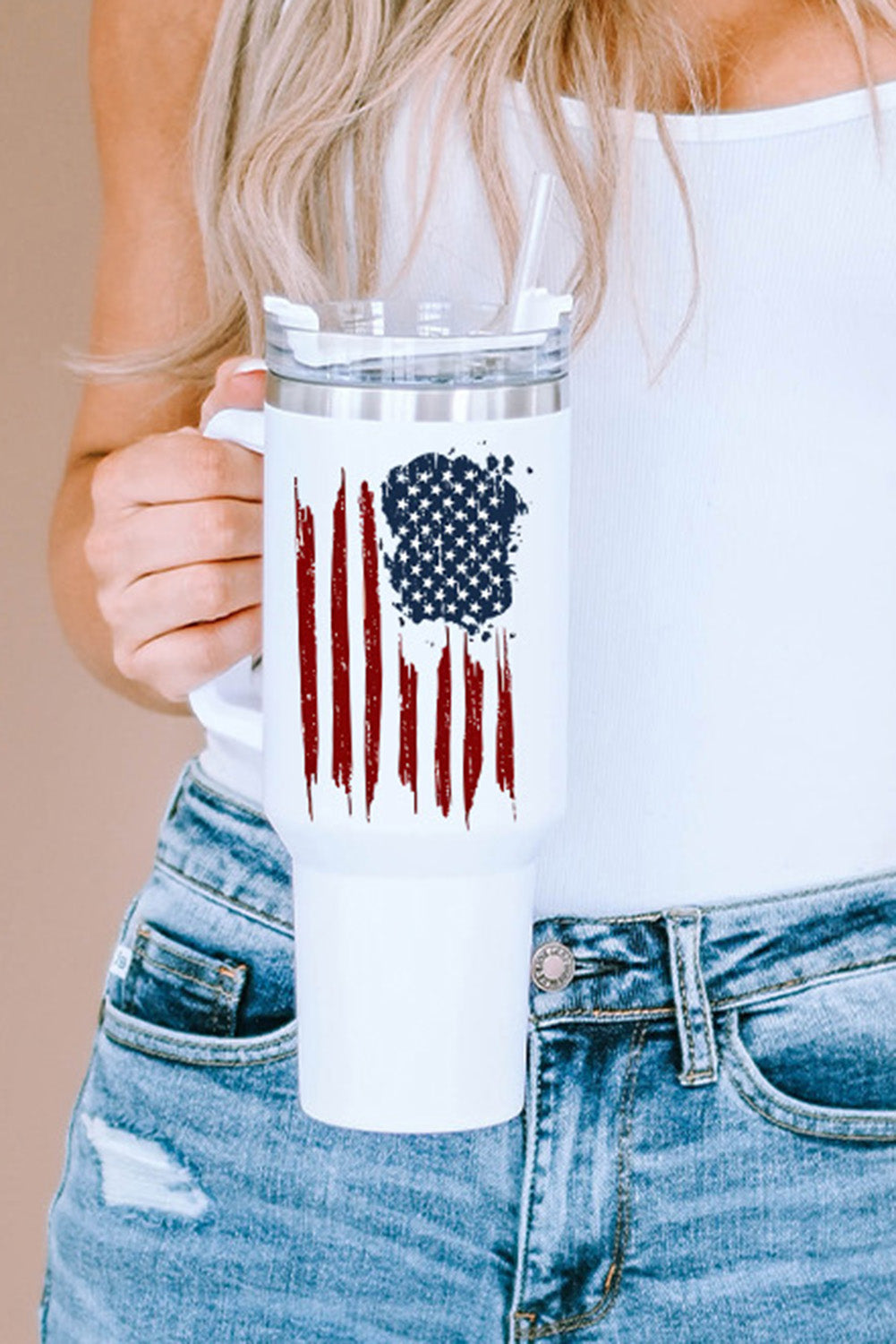 White American Flag Print Stainless Steel Portable Tumbler Mug with Straw