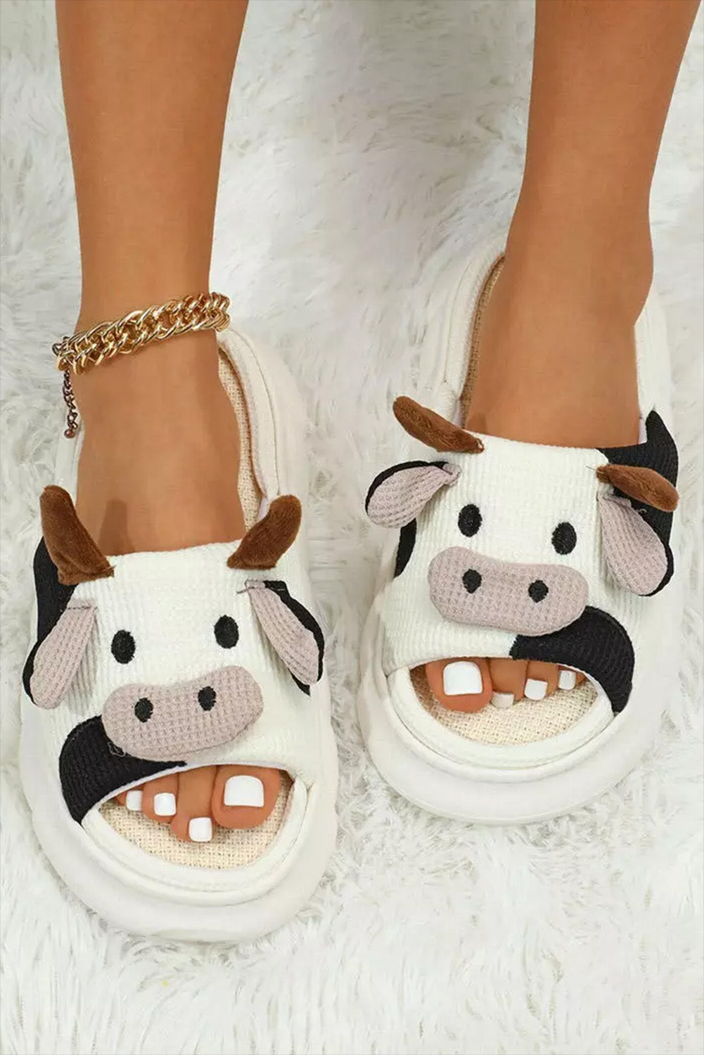 Bright White Cute Animal Pattern Open Toe Slippers