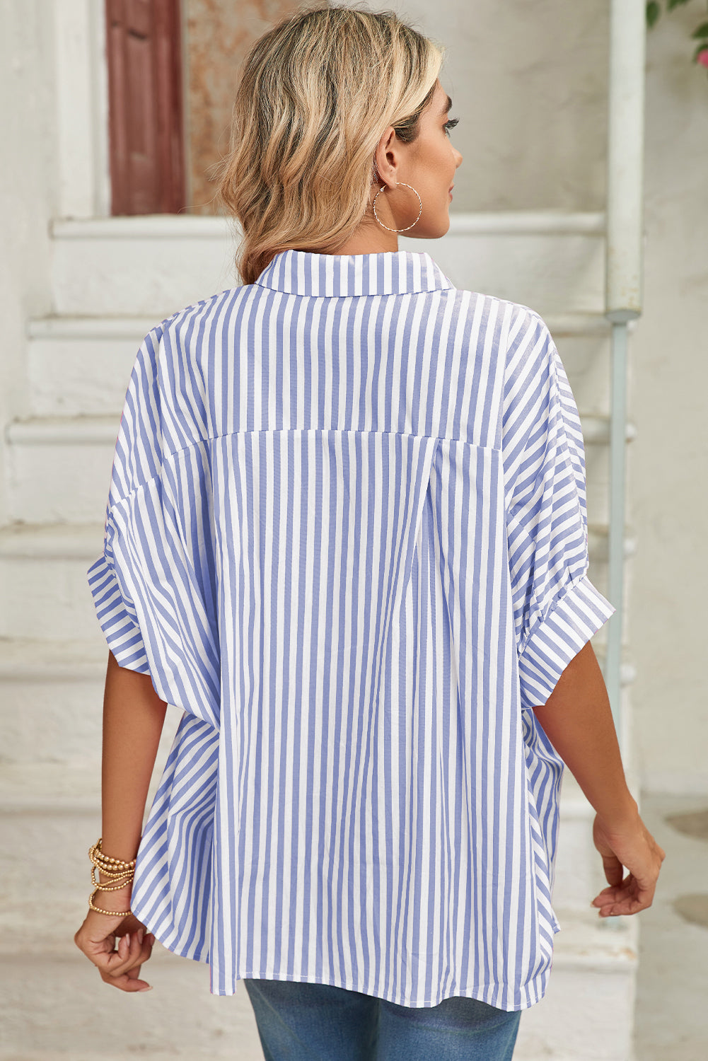 Sky Blue Stripe Dolman Sleeve Oversized Blouse