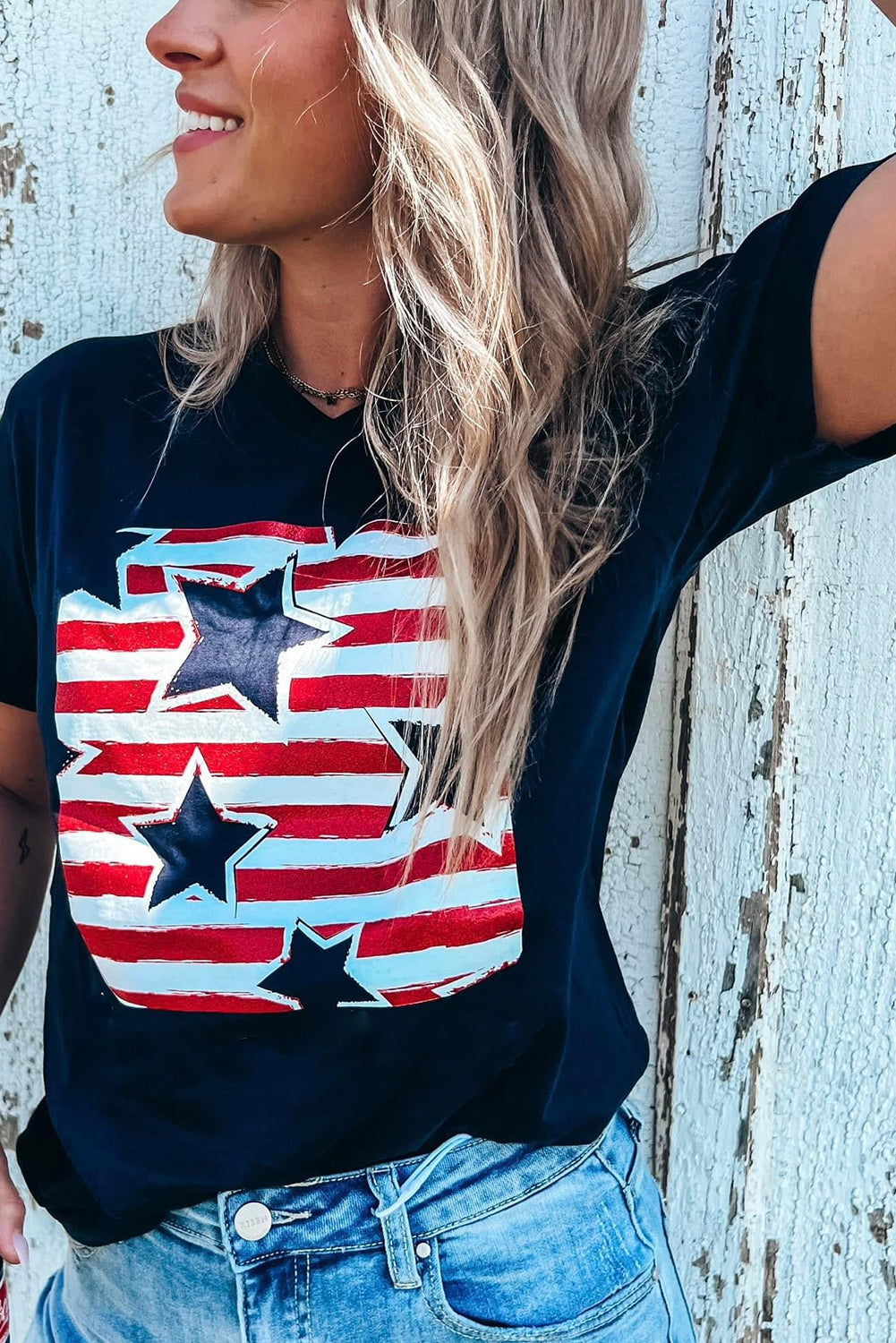 Black Casual Flag Day Star & Stripes Graphic Crewneck Tee