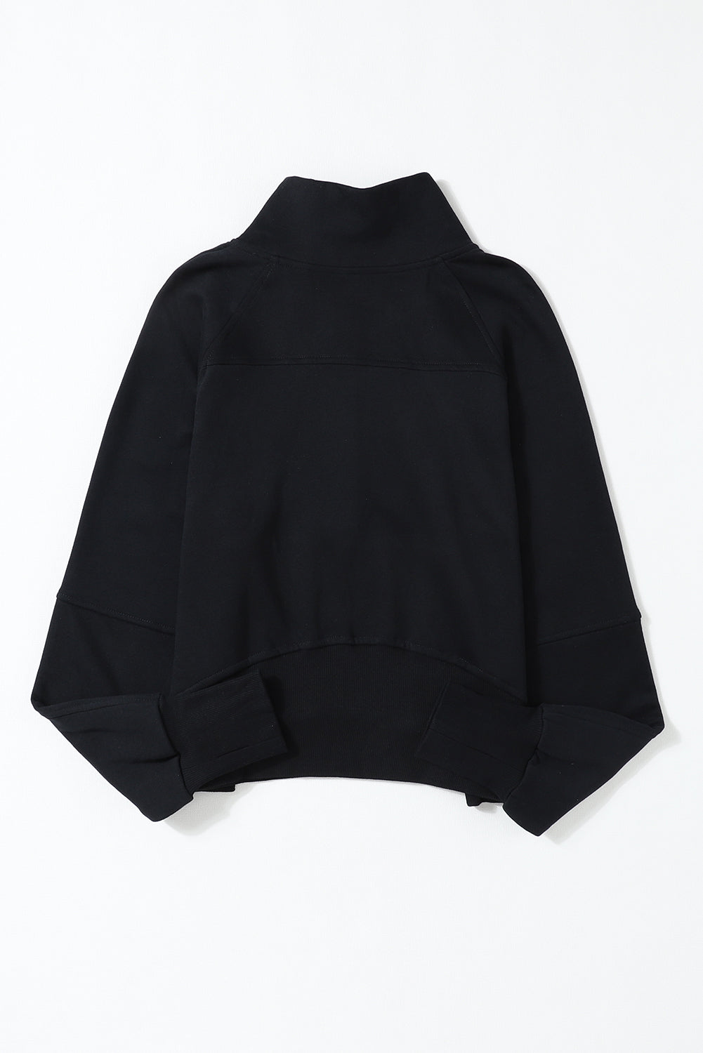 Navy Blue Zip Up Stand Collar Ribbed Thumbhole Sleeve Sweatshirt