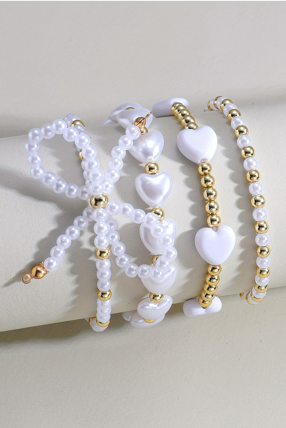 White Bowknot Heart Pearl Beaded Bracelet Set