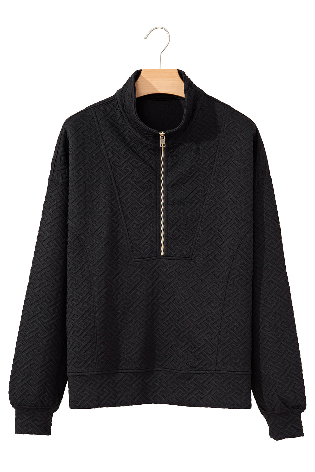 Black Solid Textured Half Zipper Collared Sweatshirt