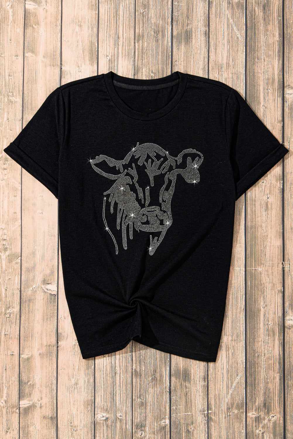 Black Rhinestone Steer Head Graphic T Shirt