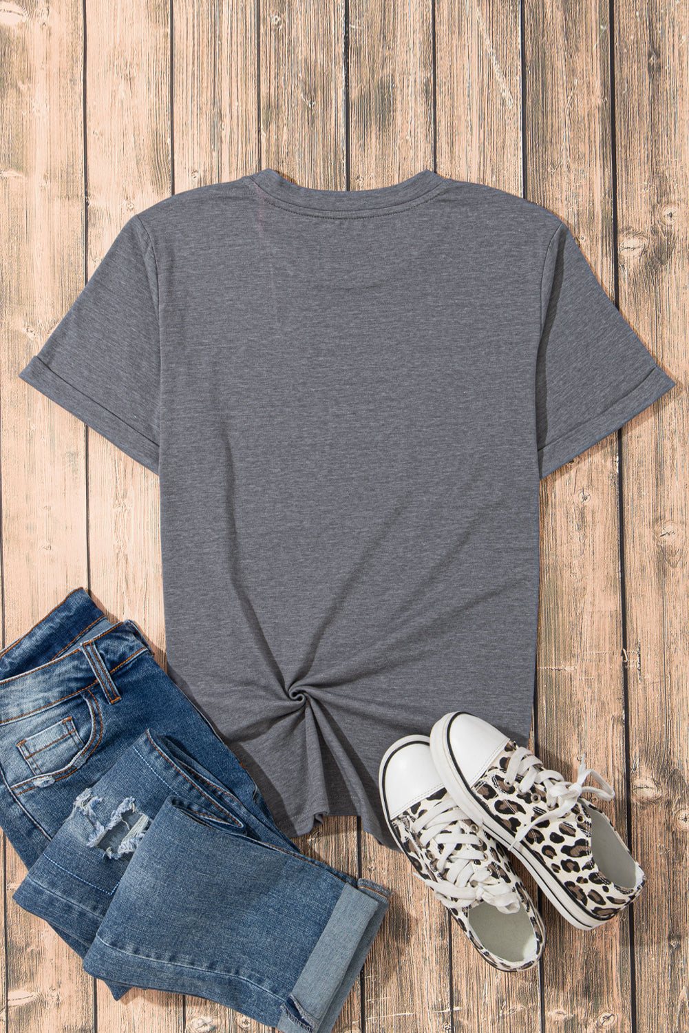 Gray Solid Color Basic Crew Neck Plain Tee