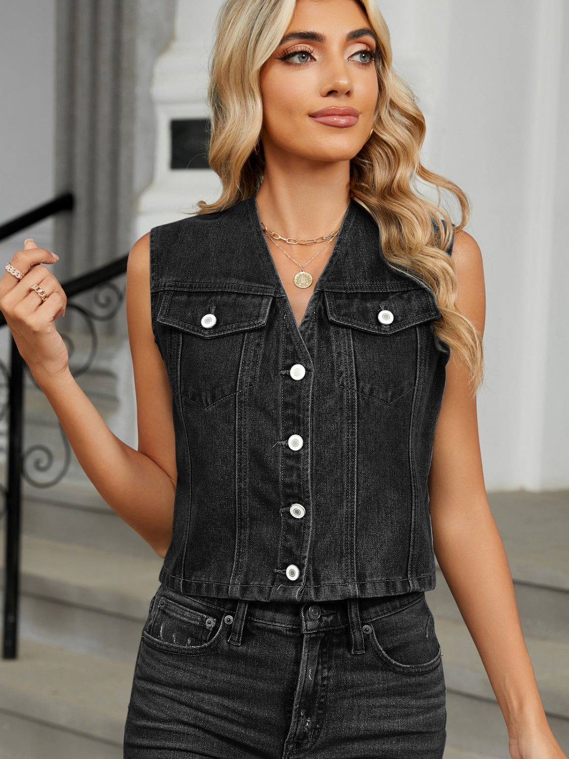 V-Neck Button Down Denim Vest