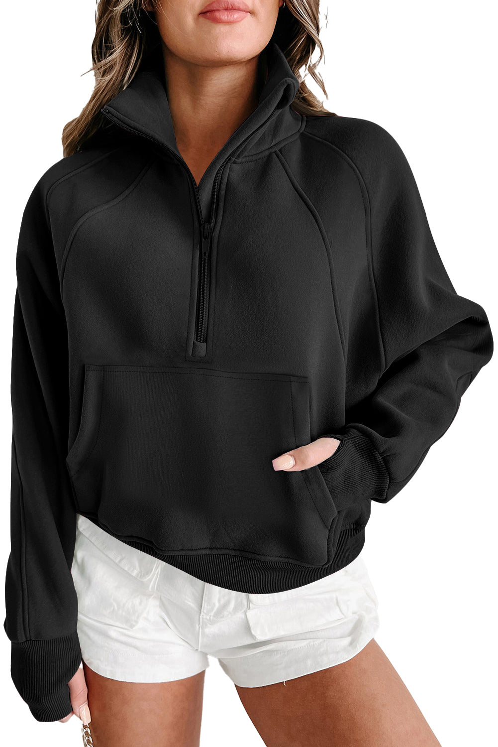 Aruba Blue Quarter Zip Stand Neck Kangaroo Pocket Sweatshirt