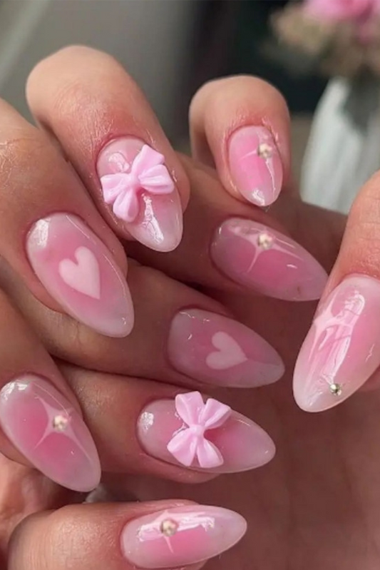 Pink Gradient Bow And Heart Decor Press On Nails