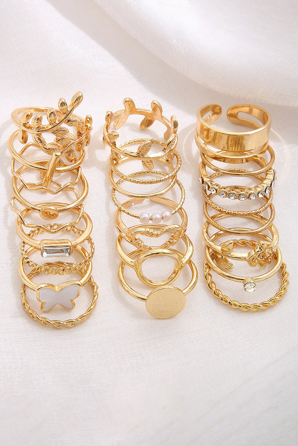 Gold 24Pcs Butterfly Leaf Hollowed Heart Twisted Ring Set