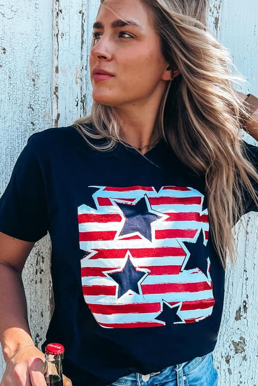 Black Casual Flag Day Star & Stripes Graphic Crewneck Tee