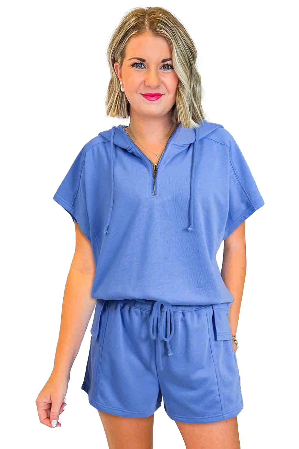 Sky Blue Casual Zipped Short Sleeve Hoodie and Shorts Set