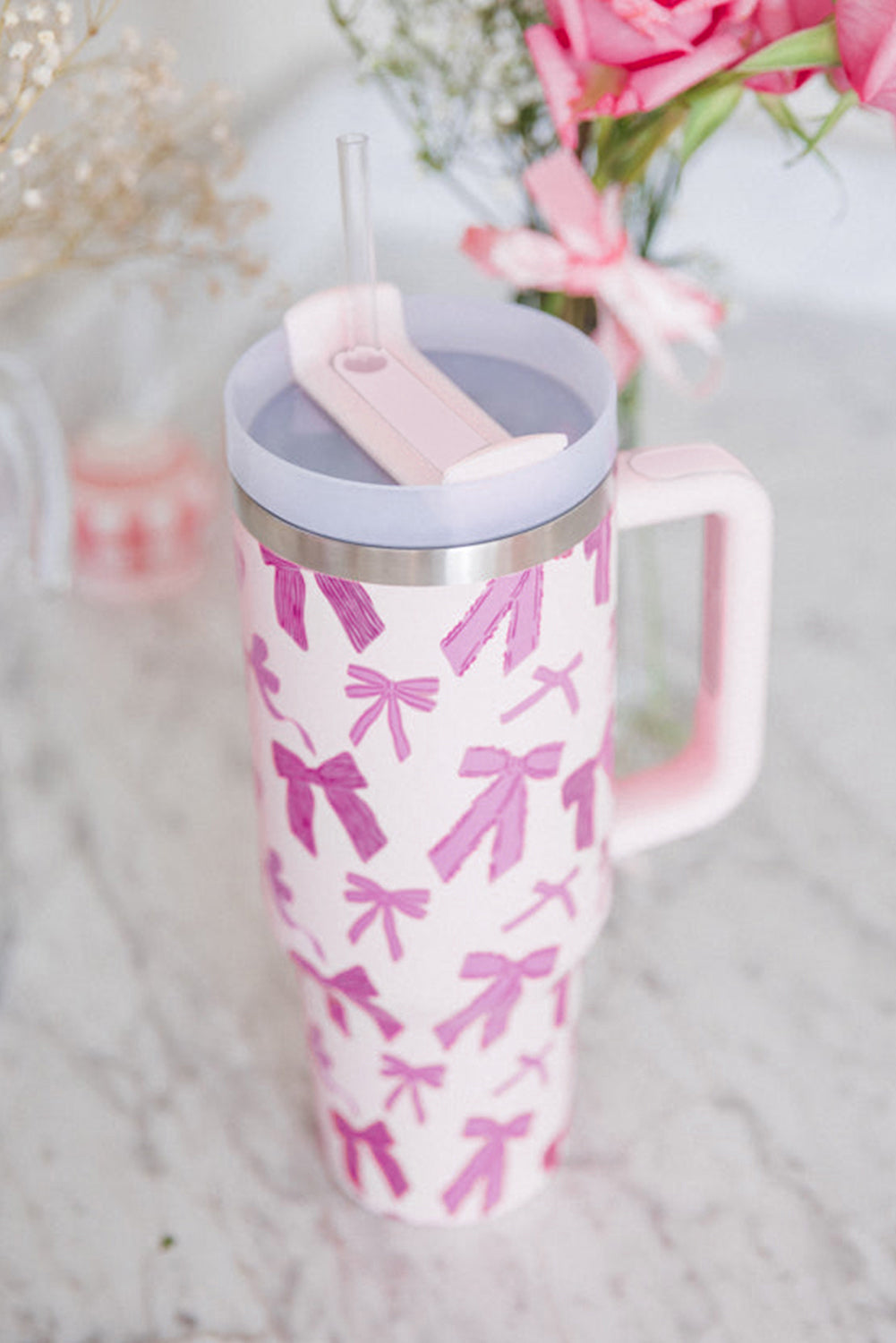 Pink Cute Bowknot Printed Tumbler with Handle 40oz