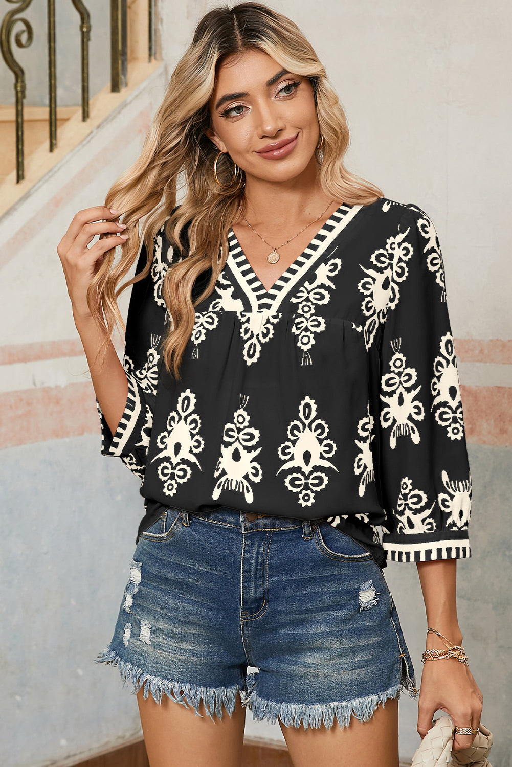 Beige Ethnic Abstract Print Puff Sleeve V Neck Blouse