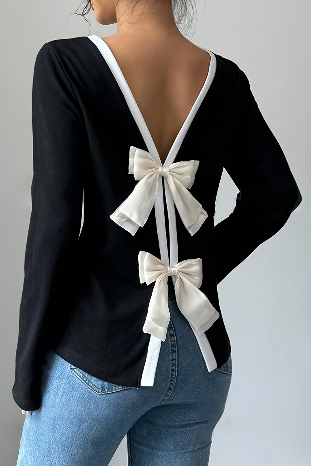 Black Knitted Bow Tie Back Round Neck Long Sleeve Top