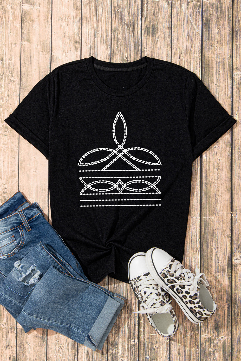 Black Geometric Graphic Slim Fit Crew Neck T Shirt