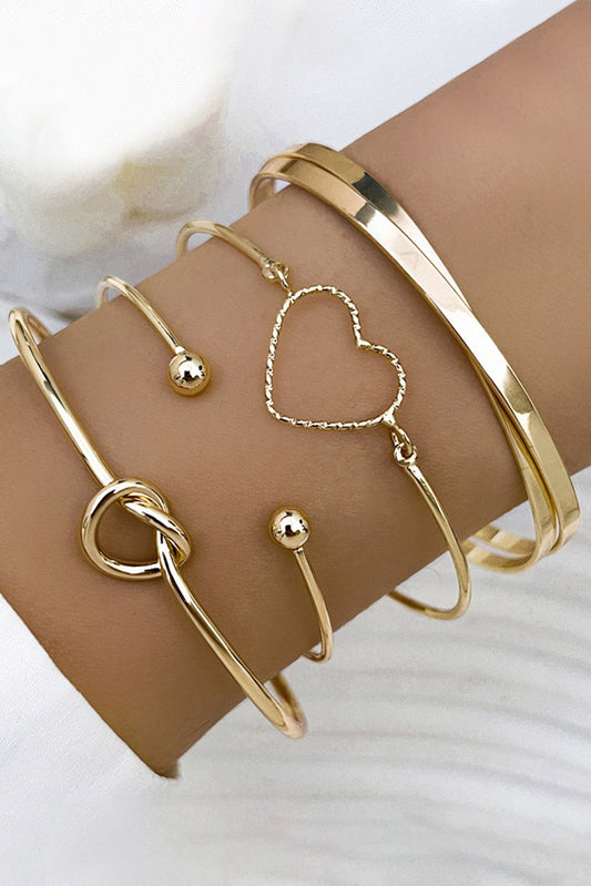 Gold Heart Geometric Knot Open Cuff Bracelet 4-piece Set