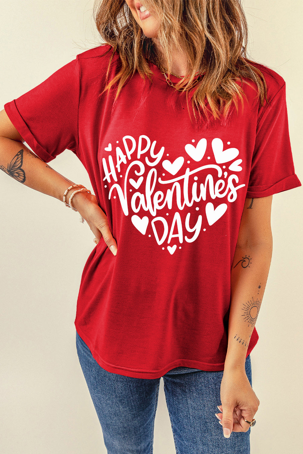 Red HAPPY VALENTINES DAY Slogan Crewneck Tee