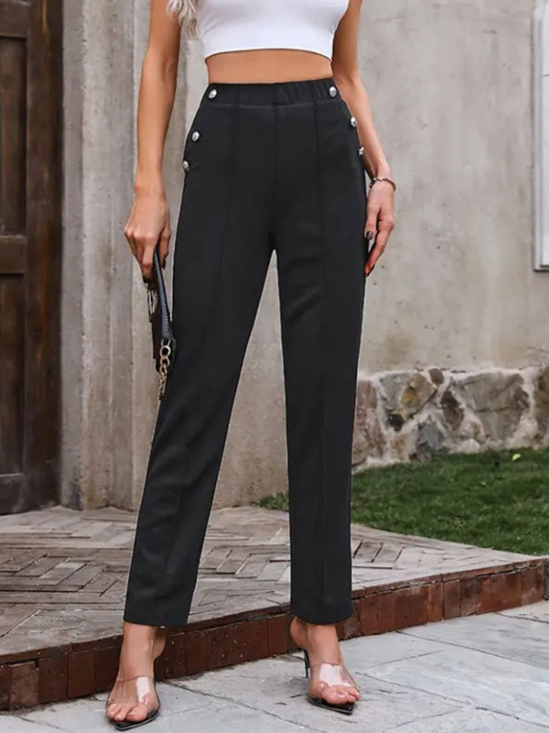 Decorative Button Elastic Waist Pants