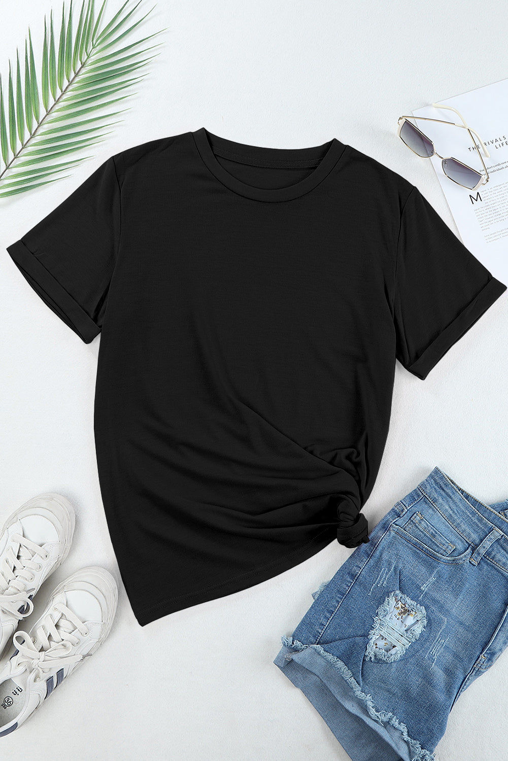 Gray Solid Color Basic Crew Neck Plain Tee