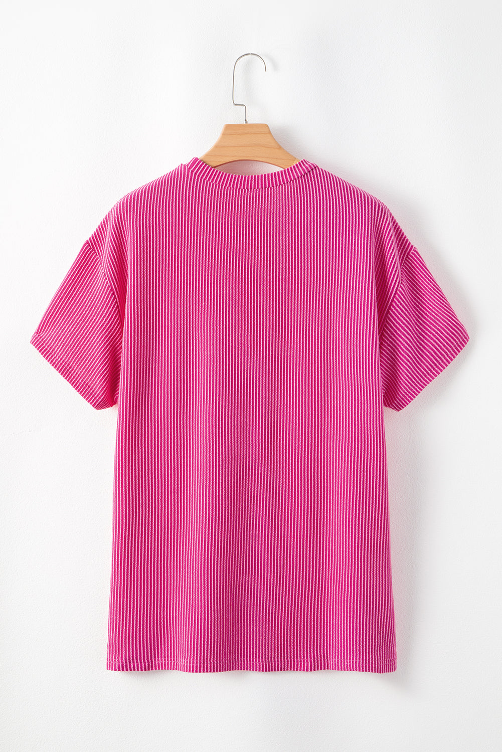 Pink Crinkle Rib Knit Pocketed Loose Fit Crew Neck T Shirt